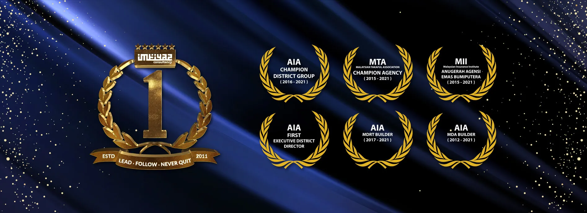 Imtiyaz Consultancy number-one trophy with the motto “Lead · Follow · Never Quit, ESTD 2011”, beside six laurel awards: AIA Champion District Group 2016–2021, MTA Champion Agency 2015–2021, MII Anugerah Agensi Emas Bumiputera 2015–2021, AIA First Executive District Director, AIA MDRT Builder 2017–2021, and AIA MDA Builder 2012–2021.