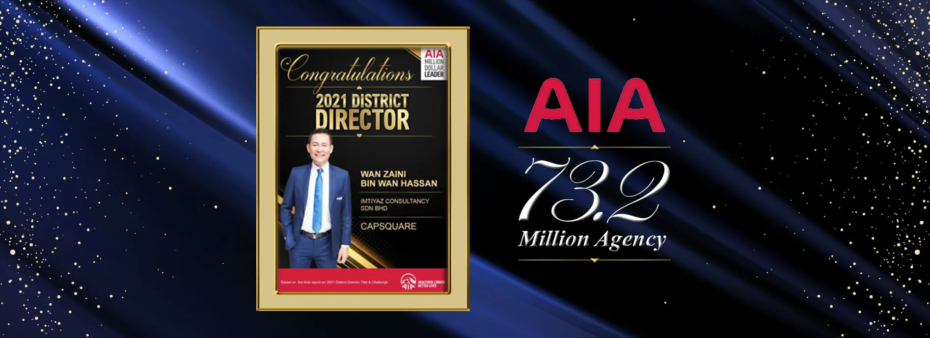 Award plaque reading “Congratulations, 2021 District Director — Wan Zaini bin Wan Hassan, Imtiyaz Consultancy Sdn Bhd, Capsquare”, next to the words “AIA 73.2 Million Agency”.