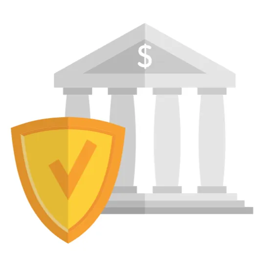 Illustration of a gold shield with a tick in front of a bank building.