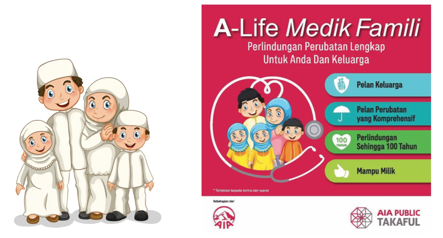 Illustration of a family in white traditional dress beside an A-Life Medik Famili poster from AIA PUBLIC Takaful: “Perlindungan Perubatan Lengkap Untuk Anda Dan Keluarga” with the benefits Pelan Keluarga, Pelan Perubatan yang Komprehensif, Perlindungan Sehingga 100 Tahun, and Mampu Milik.