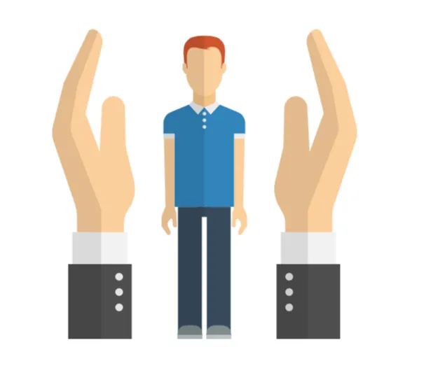 Illustration of two large hands sheltering a single standing person.