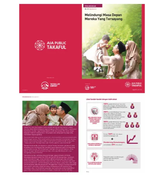 A-Life Signature-i brochure spread from AIA PUBLIC Takaful, headlined “Melindungi Masa Depan Mereka Yang Tersayang”, showing a family and a benefits summary.