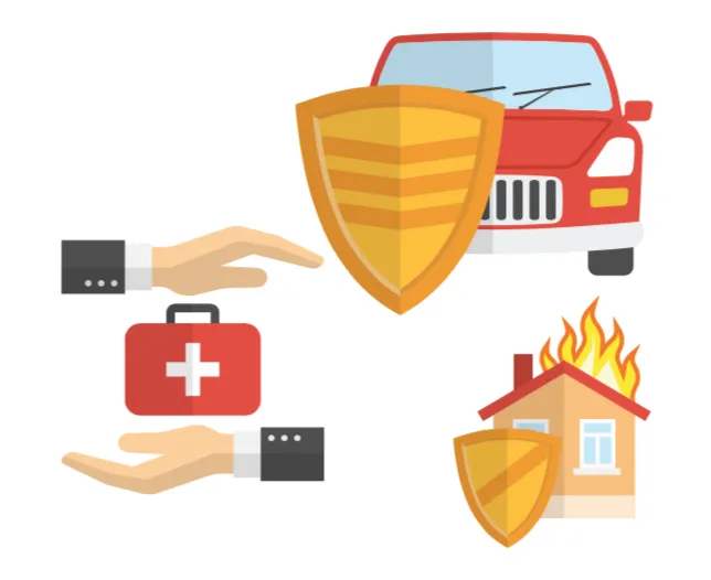 Illustration of gold shields protecting a car and a house on fire, with hands holding a first-aid kit.