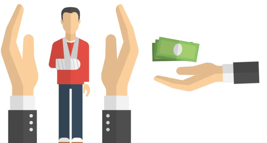 Illustration of two large hands sheltering a person with an arm in a sling, beside a hand receiving banknotes.