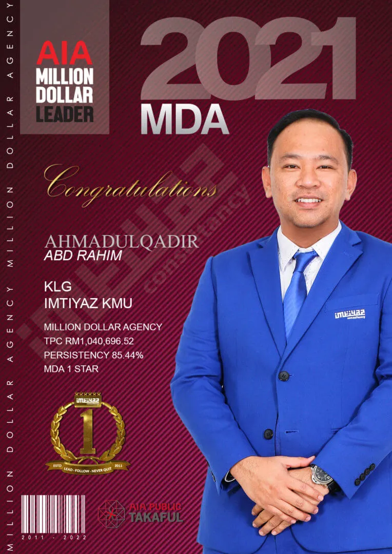 AIA award card for Ahmadulqadir Abd Rahim of KLG Imtiyaz KMU, featuring their photograph.