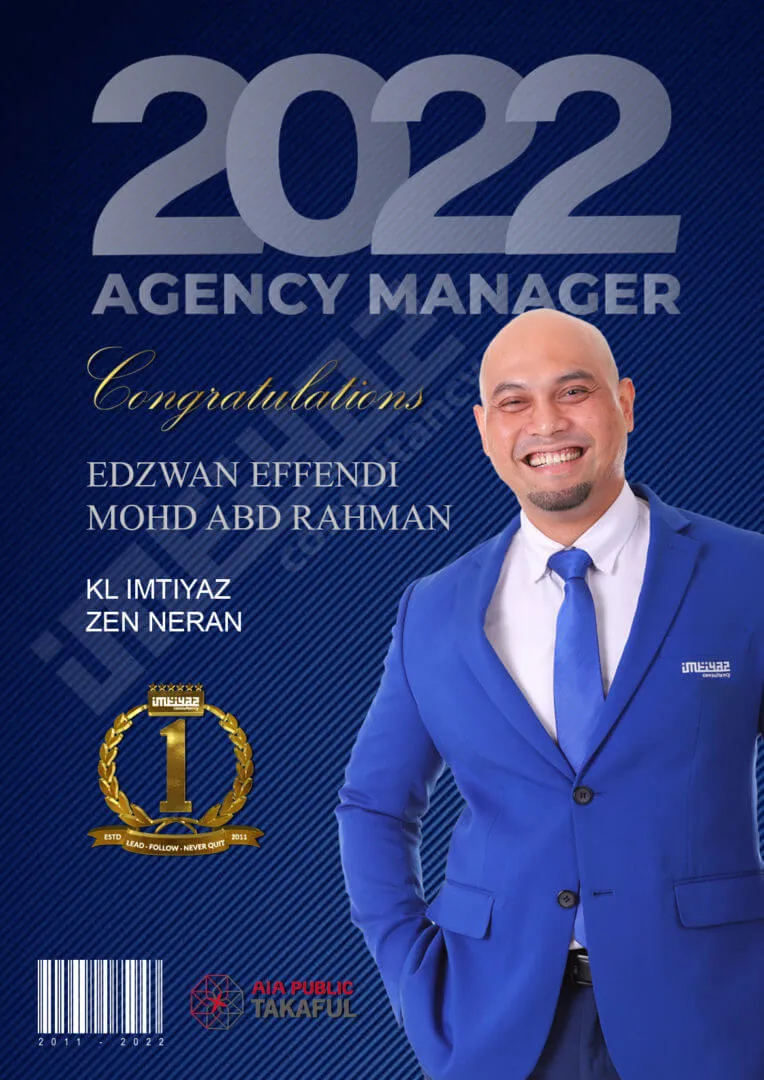 AIA award card for Edzwan Effendi of KL Imtiyaz Zen Neeran, featuring their photograph.