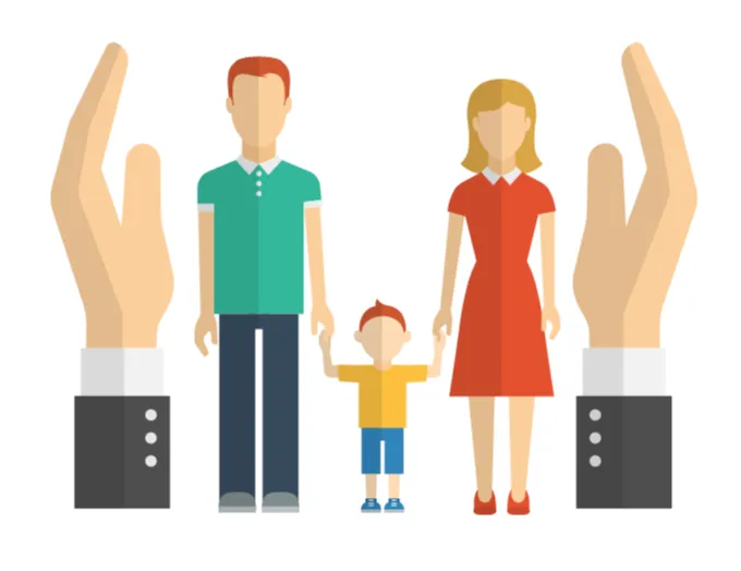 Illustration of two large hands sheltering a family of three holding hands.