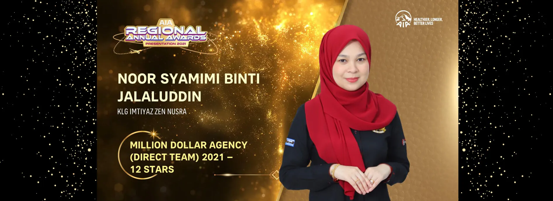 AIA Regional Annual Awards Presentation 2021 slide: Noor Syamimi binti Jalaluddin, KLG Imtiyaz Zen Nusra — Million Dollar Agency (Direct Team) 2021, 12 Stars.