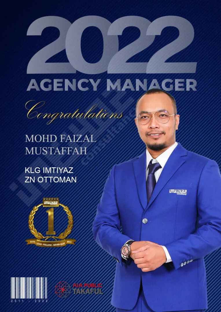AIA award card for Mohd Faizal Mustaffah of KLG Imtiyaz ZN Ottoman, featuring their photograph.