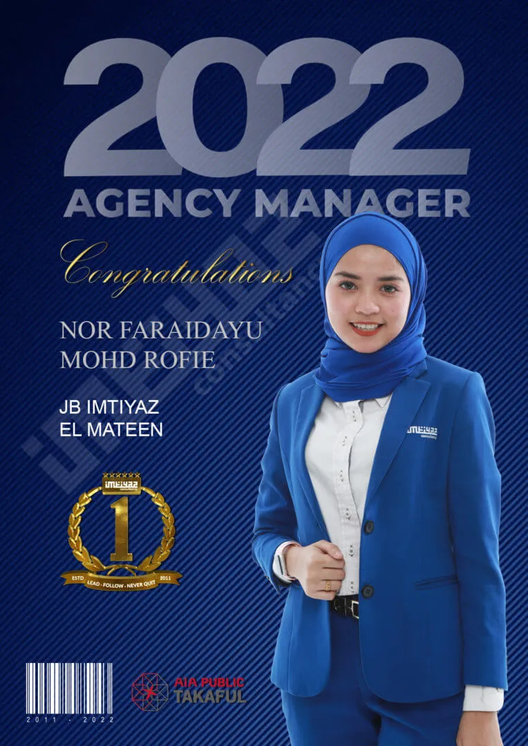 AIA award card for Nor Faraidayu of JB Imtiyaz El Mateen, featuring their photograph.