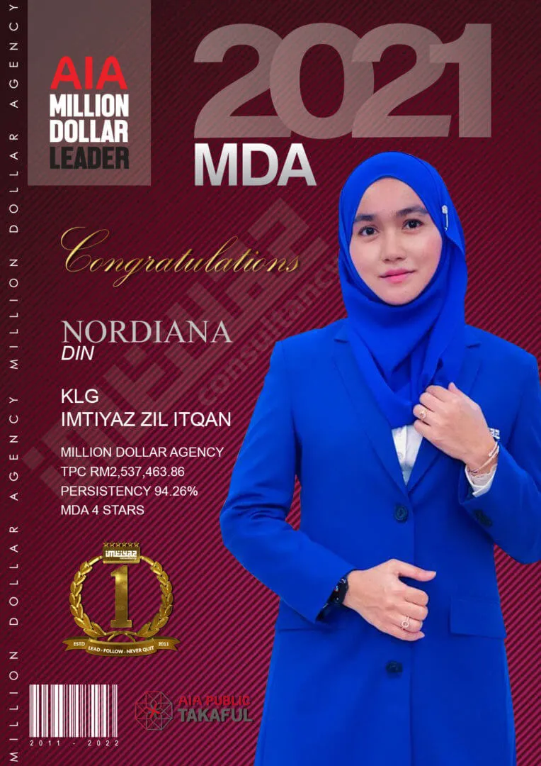 AIA award card for Nordiana Din of KL Imtiyaz Zil Itqan, featuring their photograph.