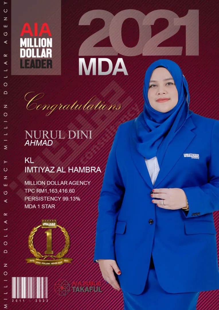 AIA award card for Nurul Dini Ahmad of KL Imtiyaz Al Hambra, featuring their photograph.
