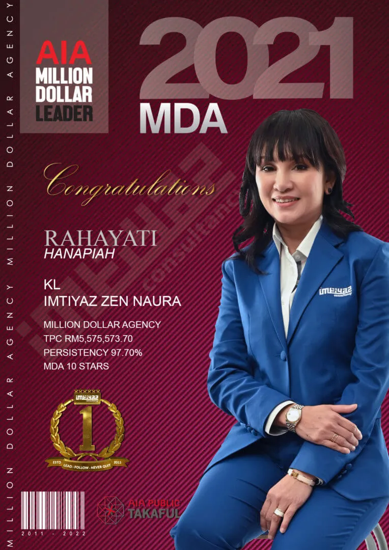 AIA award card for Rahayati Hanapiah of KL Imtiyaz Zen Naura, featuring their photograph.