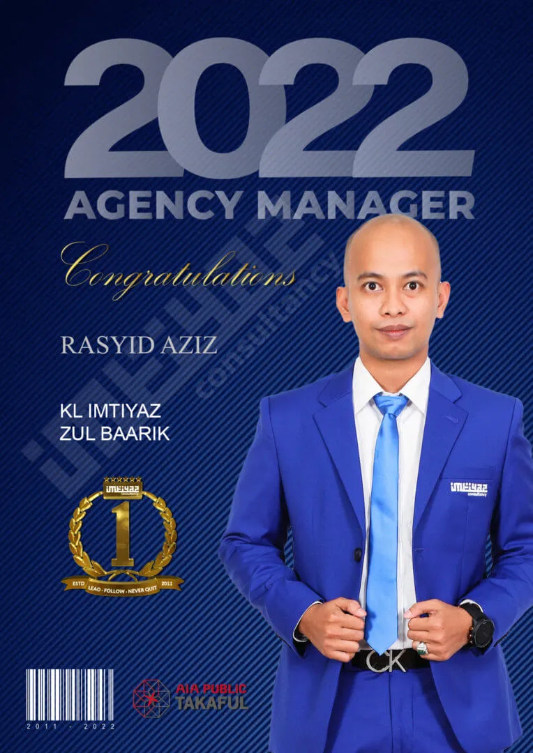 AIA award card for Rasyid Aziz of KL Imtiyaz Zul Baarik, featuring their photograph.