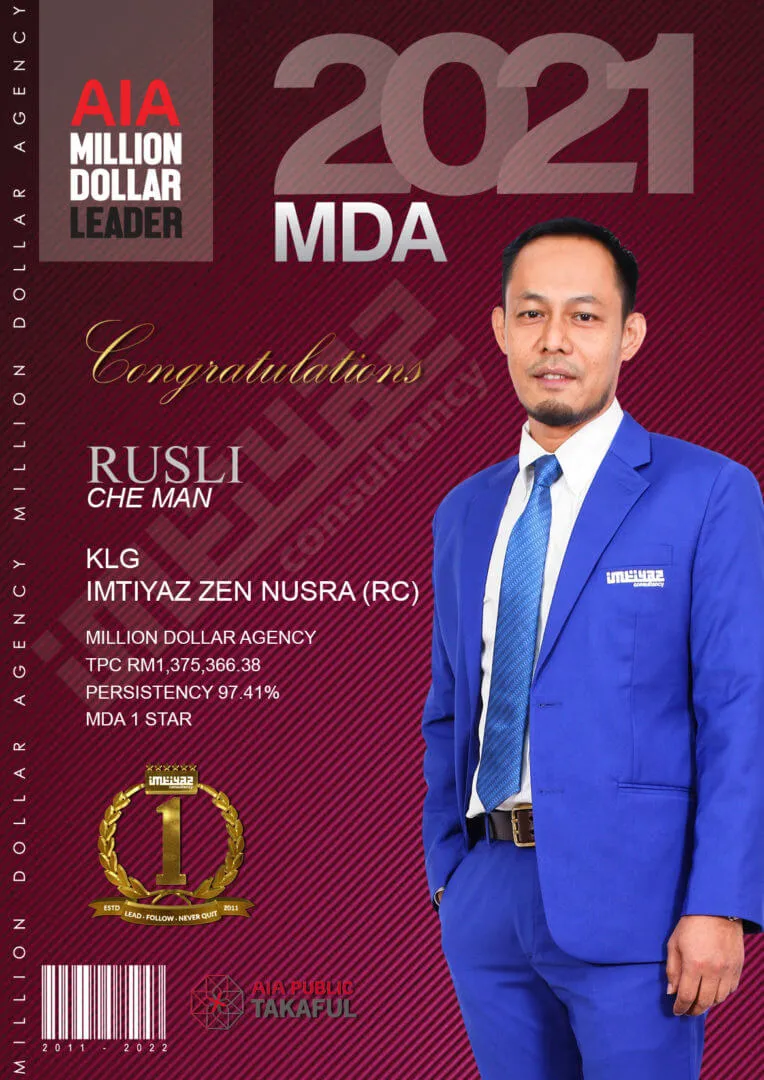 AIA award card for Rusli Che Man of KLG Imtiyaz Zen Nusra (RC), featuring their photograph.