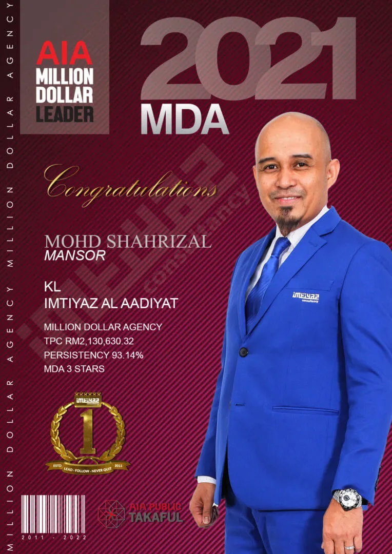 AIA award card for Mohd Shahrizal Mansor of KL Imtiyaz Al Aadiyat, featuring their photograph.