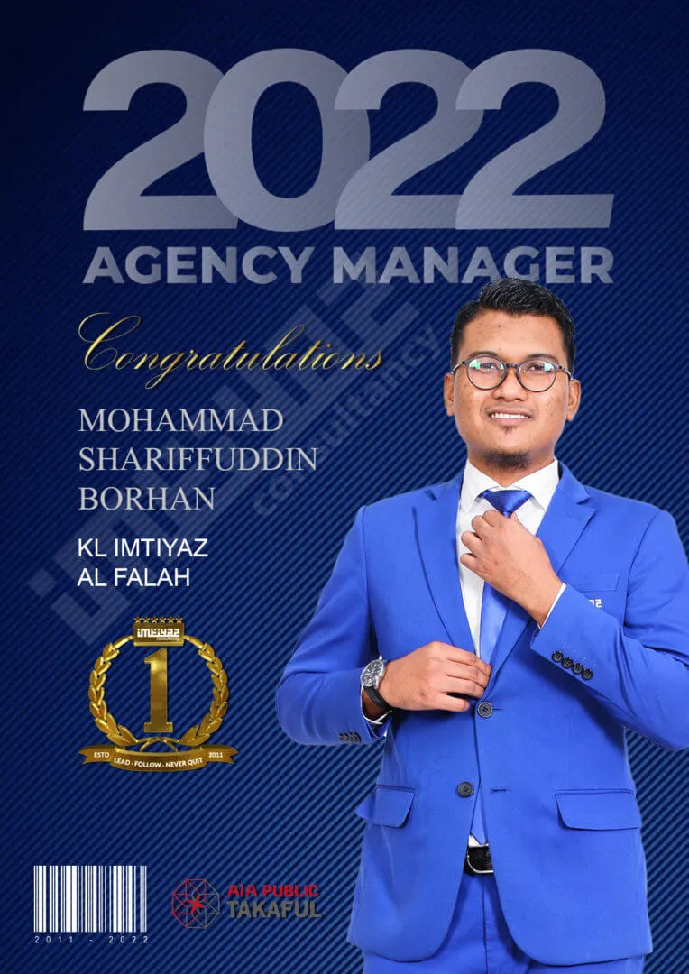 AIA award card for Mohammad Shariffuddin of KL Imtiyaz Al Falah, featuring their photograph.