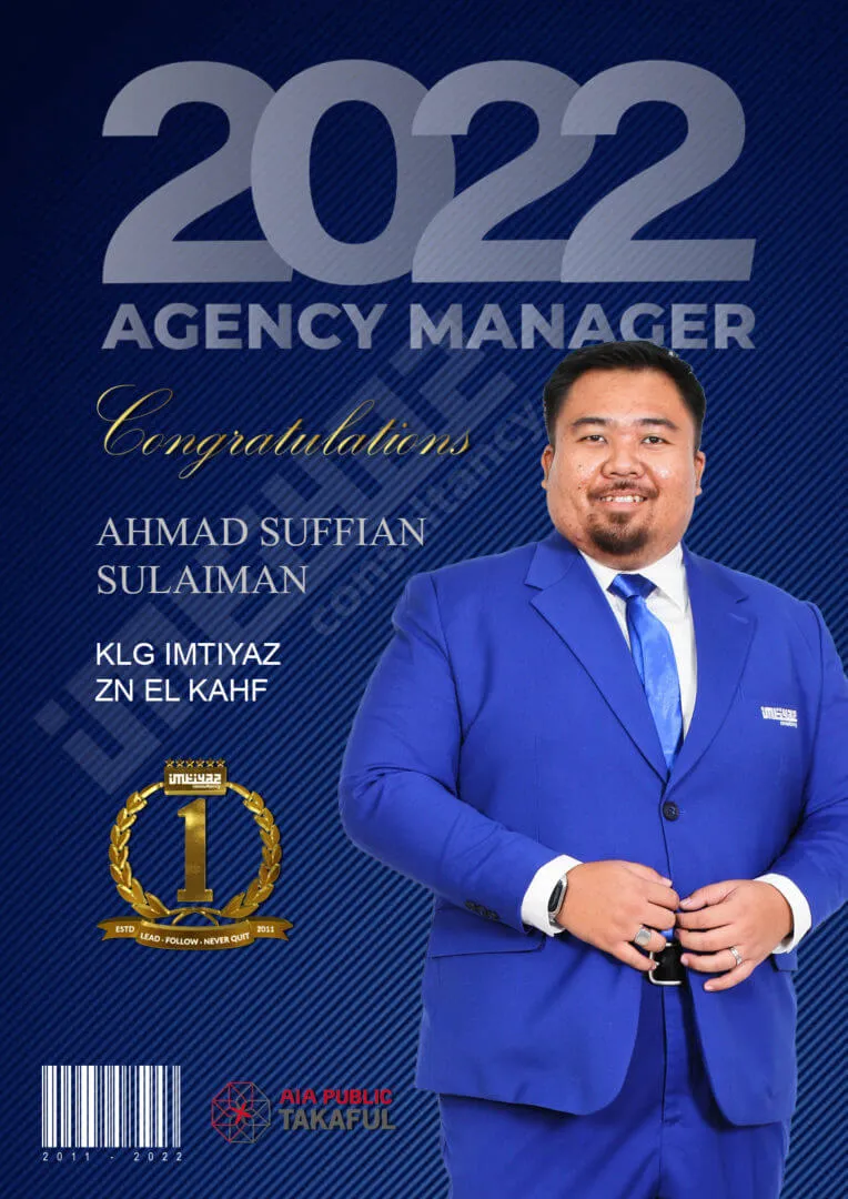 AIA award card for Ahmad Suffian Sulaiman of KLG Imtiyaz ZN El Kahf, featuring their photograph.