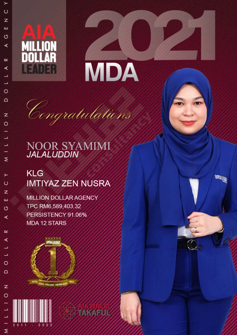 AIA award card for Noor Syamimi Jalaluddin of KLG Imtiyaz Zen Nusra, featuring their photograph.