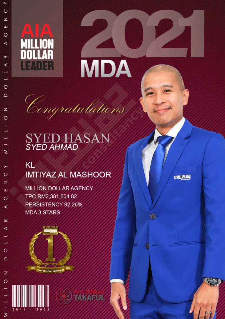 AIA award card for Syed Hasan Syed Ahmad of KL Imtiyaz Al Mashoor, featuring their photograph.