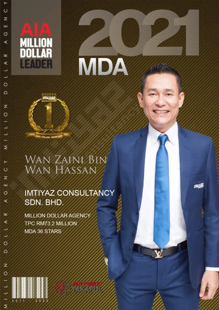 AIA award card for Wan Zaini Wan Hassan of Imtiyaz Consultancy Sdn Bhd, featuring their photograph.